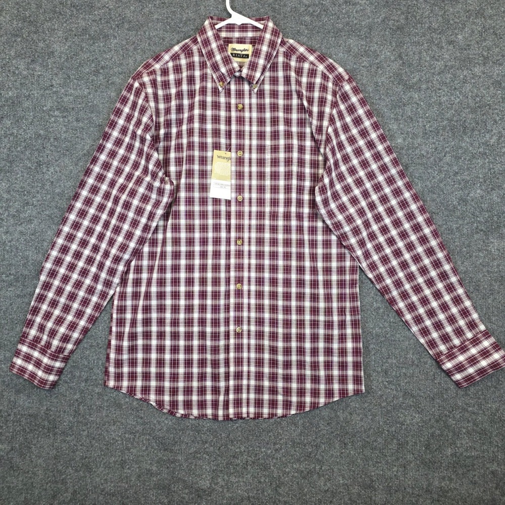 Wrangler Riata Shirt Men Medium Burgundy White Plaid Long Sleeve Button Down NWT